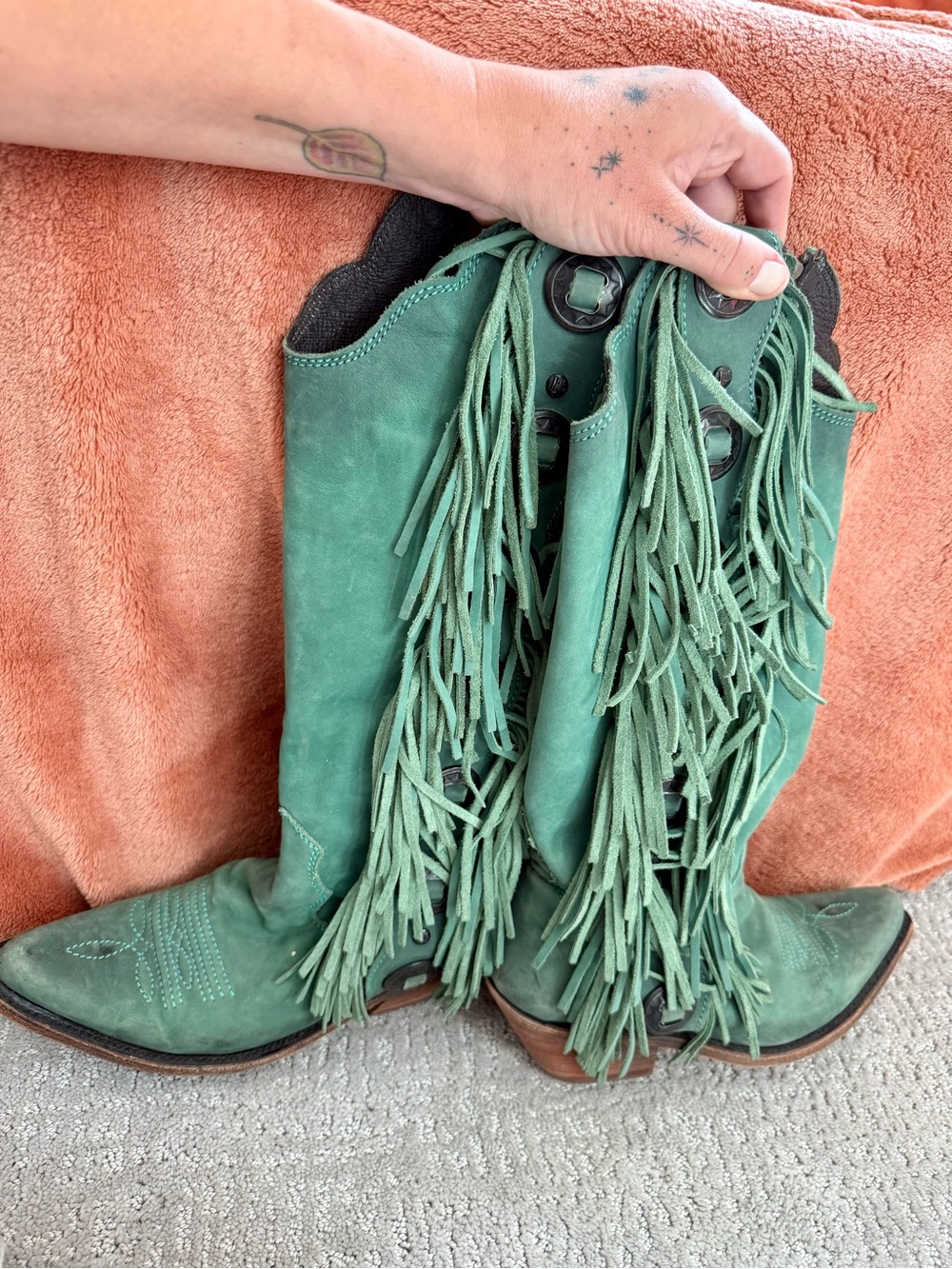 LIBERTY Black Green Suede Fringe Western Heeled Boots